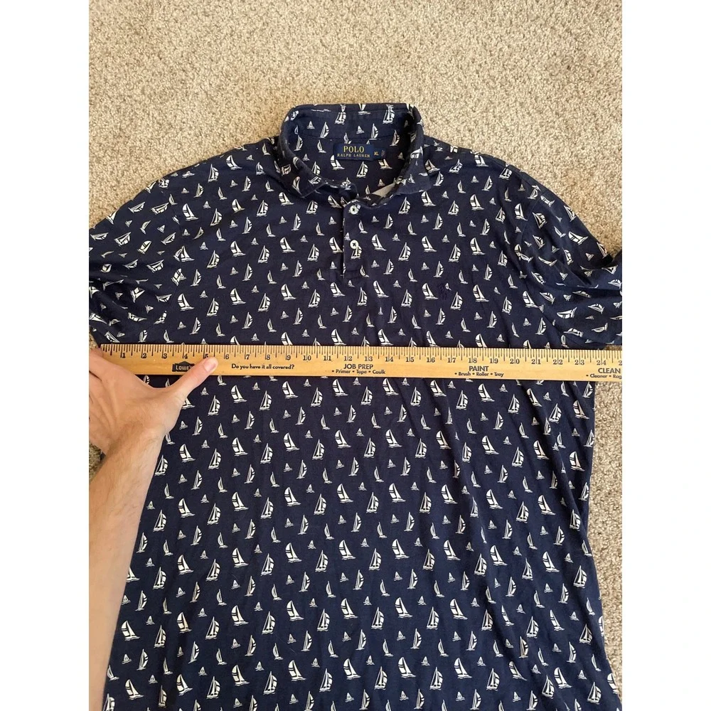 Polo Ralph Lauren Men's Polo Shirt XL Navy Blue Sailboat AOP Print Short Sleeve